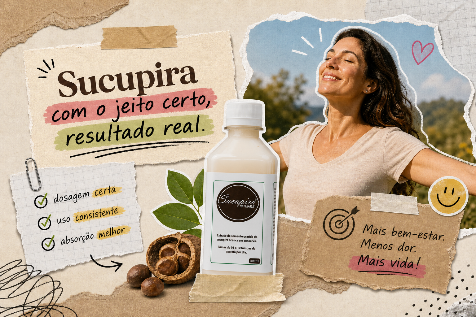 Extrato de sucupira com orientações sobre dosagem correta, uso consistente e bem-estar